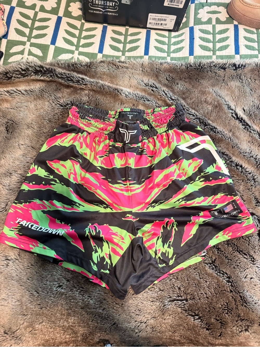 Takedown Men’s Neon Camo Fight Shorts - Pink & Lime Green size medium